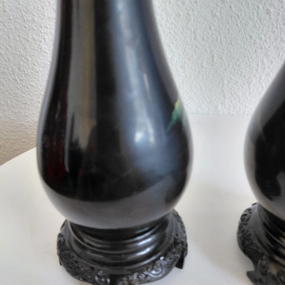 Antique Chinese Foochow Fuzhou Hand Painted Black Lacquered Wood 2 Vases.